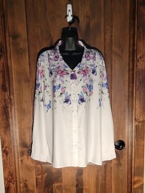 Misslook White Button-Down Blouse with Purple & Blue Butterfly Print.